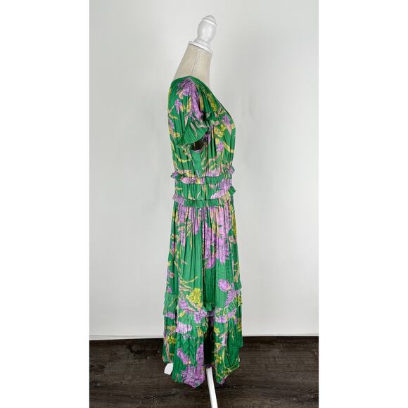 Current Air Sereia Botanical Motif Midi Dress Womens Large Green Purple New - Picture 8 of 10